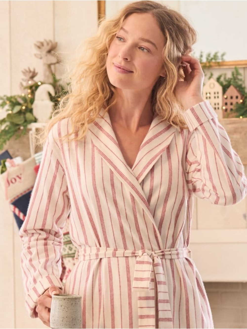 Garnet Hill Organic-Cotton Heritage Flannel Robe in Rosewood Stripe SZ M